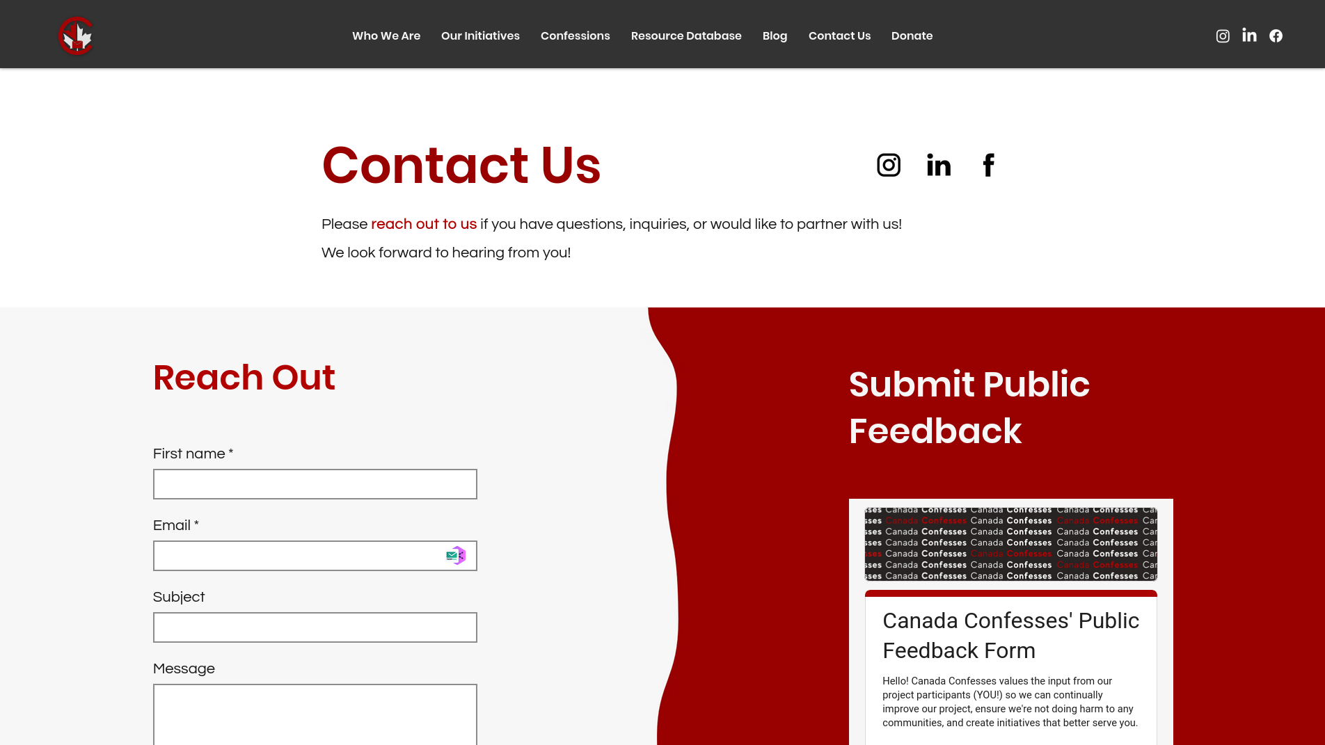 The new Canada Confesses Contact Us page